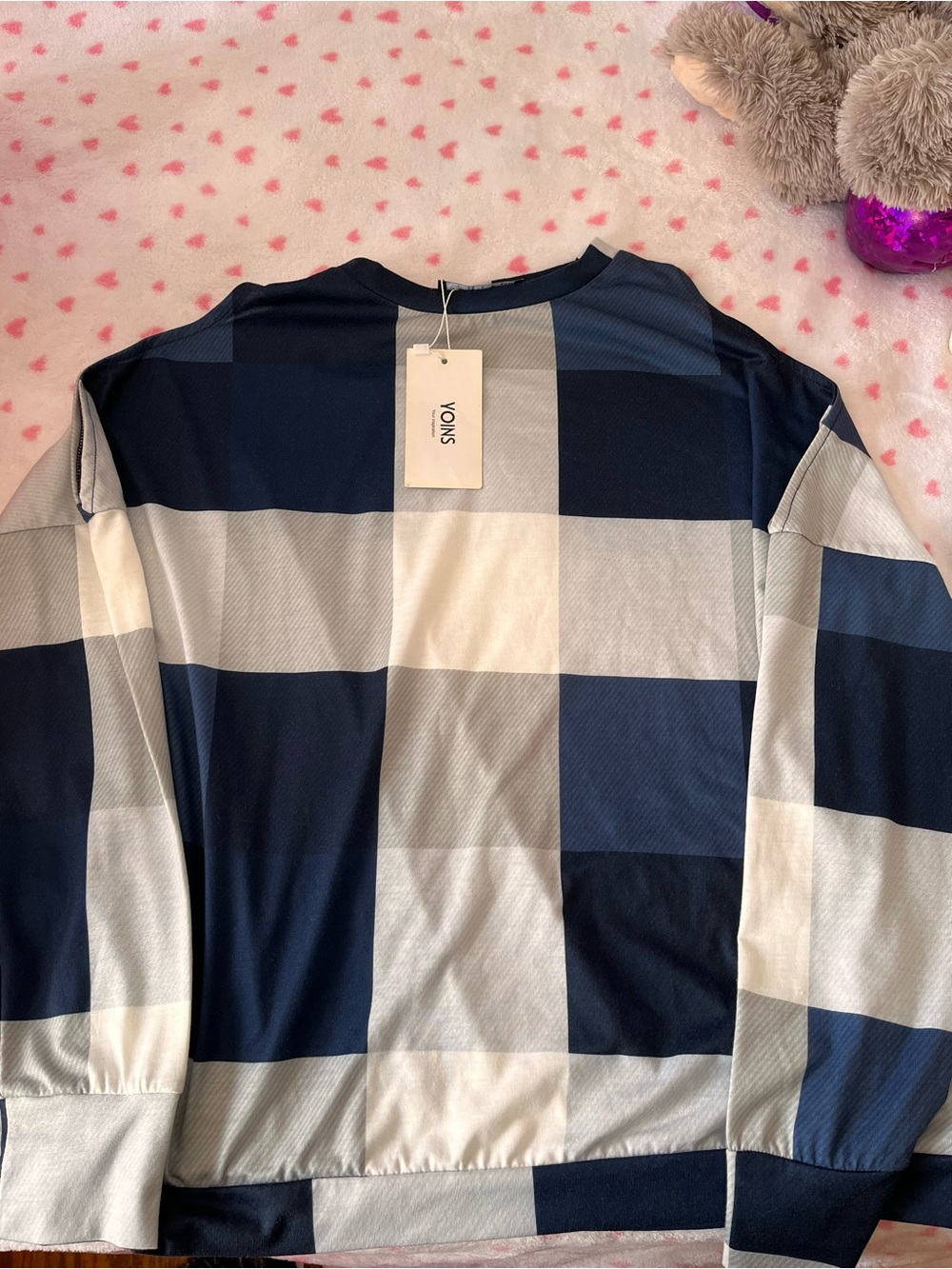 YOINS Navy and Light Gray Check Pullover Sweatshirt